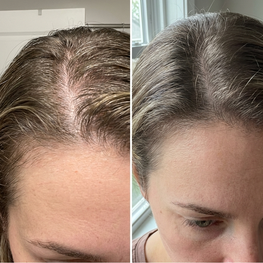 Before and after: a woman's part line, thinner on the left, fuller on the right