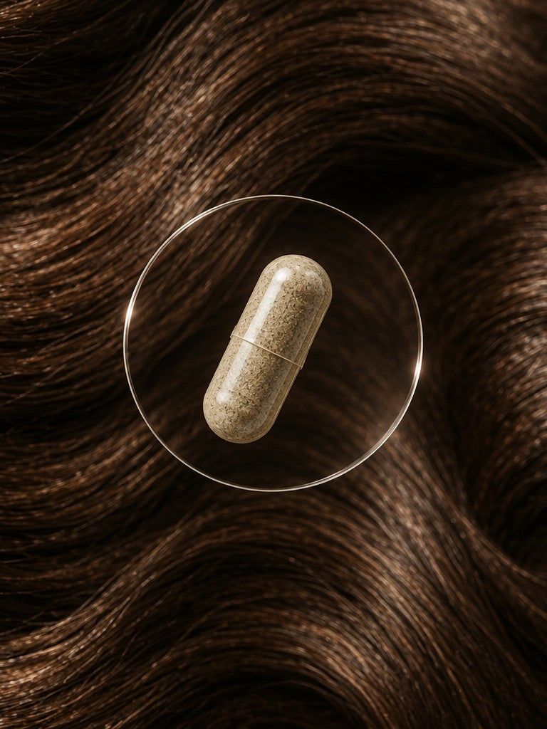 Close-up of brown hair with a The Root Co. supplement capsule