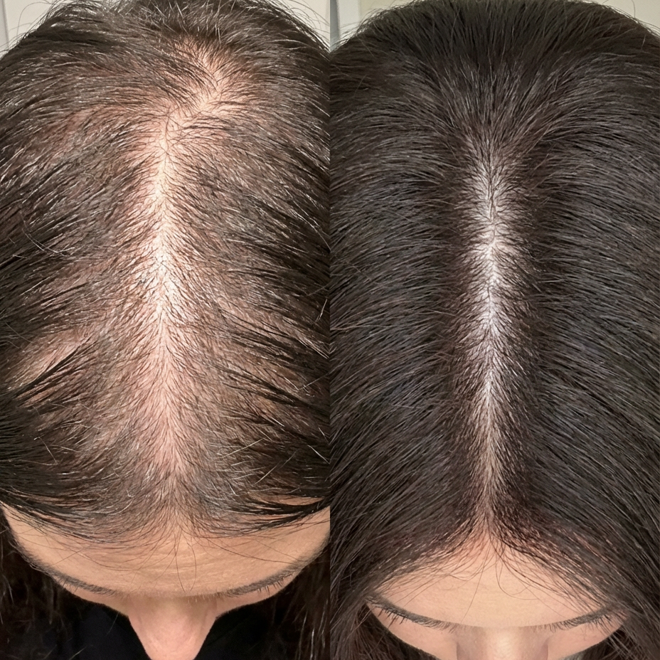 Before and after: top view of a dark-haired part line