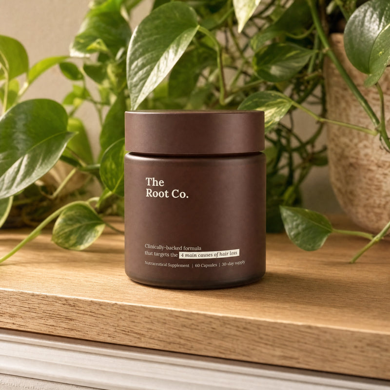 The Root Co. bottle among botanicals
